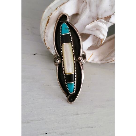 Vintage Sterling Silver Albert Yazzie Navajo Turquoise, MOP and Onyx Inlay Ring - Picture 1 of 7